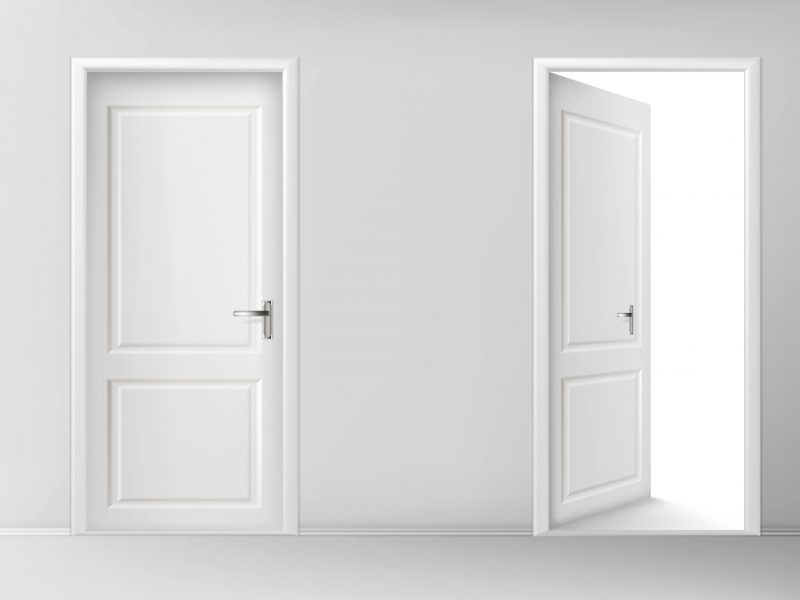 White wooden doors. Vector set of realistic closed and open doors with chrome handles in interior. Conceptual illustration for welcome, invitation to enter or new opportunity
