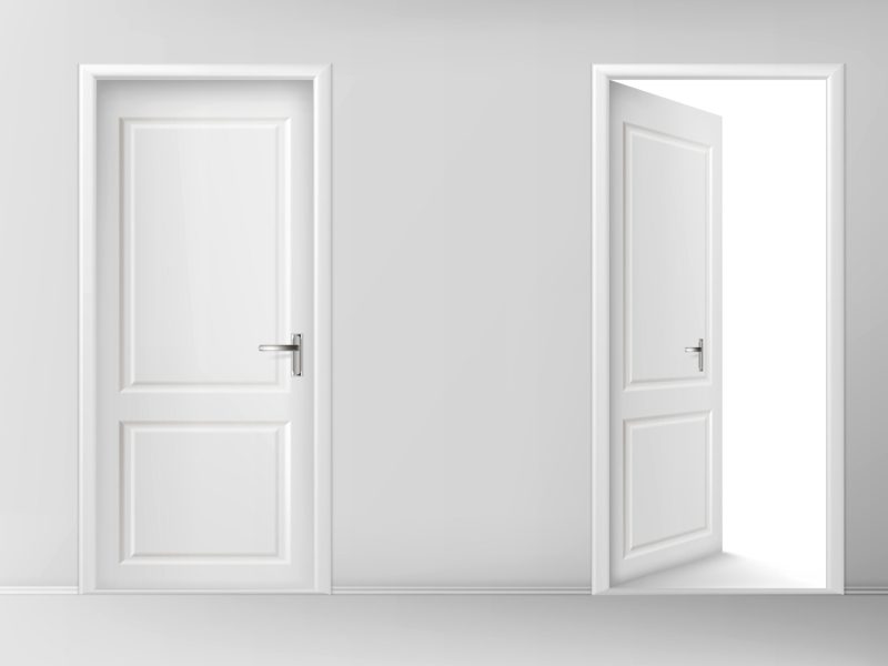 White wooden doors. Vector set of realistic closed and open doors with chrome handles in interior. Conceptual illustration for welcome, invitation to enter or new opportunity
